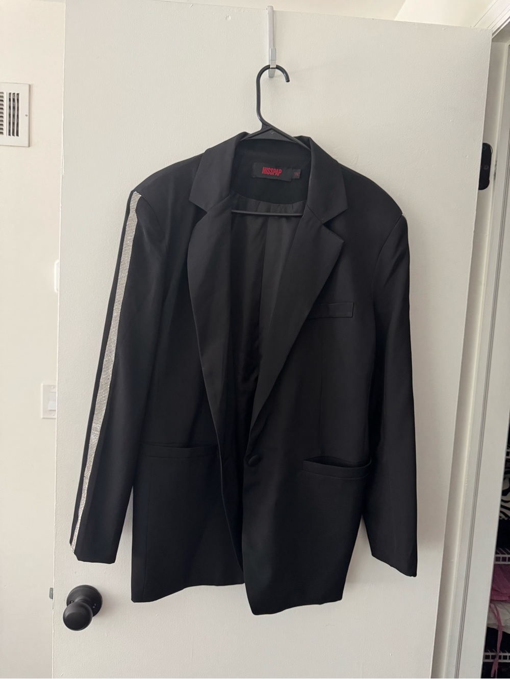 Black Womens Single Button Blazer with Glittery Contrast Stripe